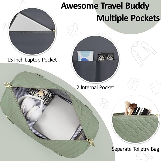 Quilted Travel Duffle Bag for Travel Women with Toiletry Bag, Large Weekender Bags for Women Carry on Duffel Overnight Bag, Waterproof Travel Tote Bags for Sports, Weekender, Business, Green