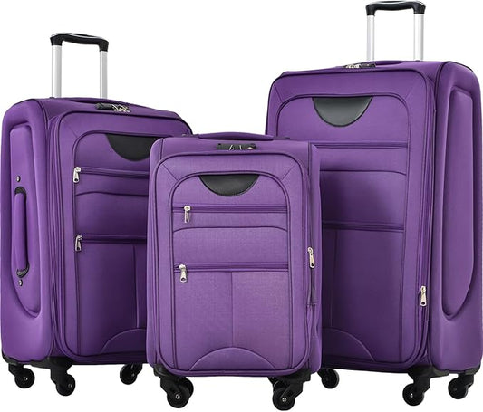 Softside Luggage Sets 3 Piece - 20" Carry-On, 24” & 28” Checked Luggage Set, Expandable Luggage Lightweight Suitcase with Spinner Wheels & TSA Lock for Family Extended Travel (Purple)