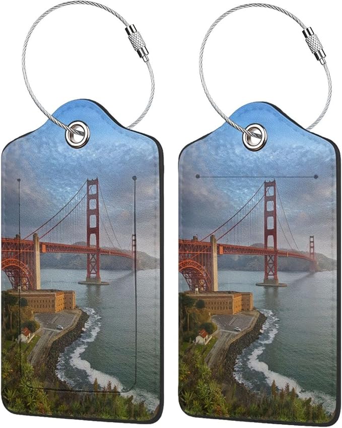 2 Pack Luggage Tags Golden Gate Bridge Travel PU Cute Leather Luggage Tag Name ID Labels with Privacy Cover Suitcases Women Men Girls Boys Fun Laggage Tags san Francisco Landscape (San Francisco)