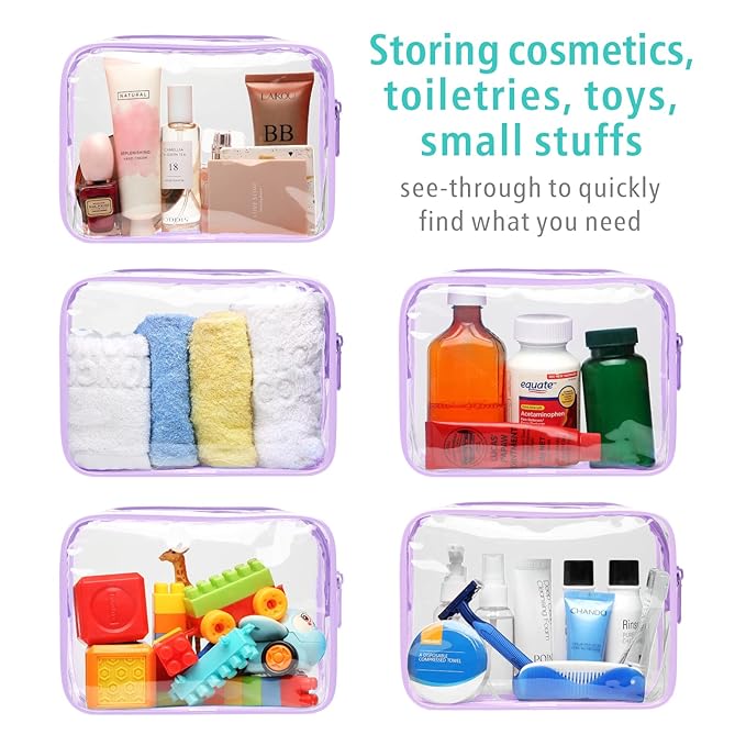 F-color TSA Approved Toiletry Bag 3 Pack Medium - Clear Makeup Bag Travel Quart Size for Women Men, Clear Cosmetic Bag Airport Airline Compliant Carry on Bag, Macaron Purple