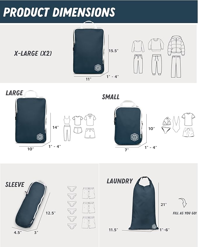 Large Compression Packing Cubes for Travel-Packing Cube Luggage Organizers 7 Piece Set for Checked Luggage-Ultralight, Expandable/Compression Bags by TRIPPED Travel Gear (Navy/White)