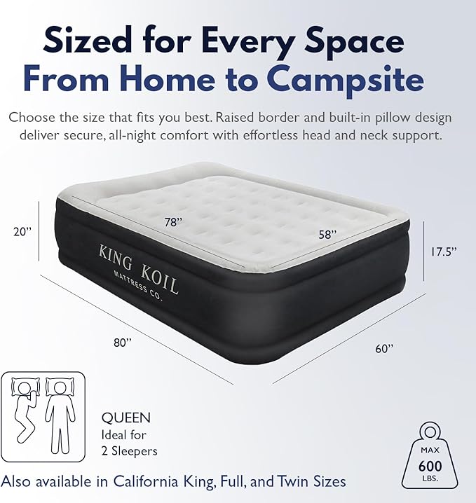 King Koil Luxury Pillow Top Plush Queen Air Mattress with Built-in High-Speed Pump Best for Home, Camping, Guests, 20" Queen Size Double Airbed Adjustable Blow Up Mattress, Waterproof, 1-Year Warranty