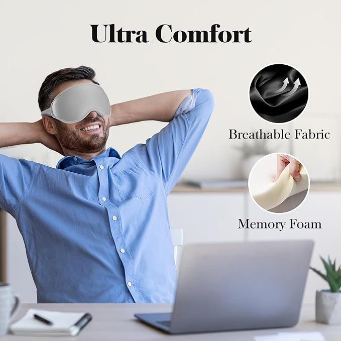 3D Eye Mask Sleep Mask for Men & Women, 100% Pressure-Free & Light Block-Out Eye Mask for Sleep with Easy Adjustable Strap, Night Eye Cover for Travel, Grey