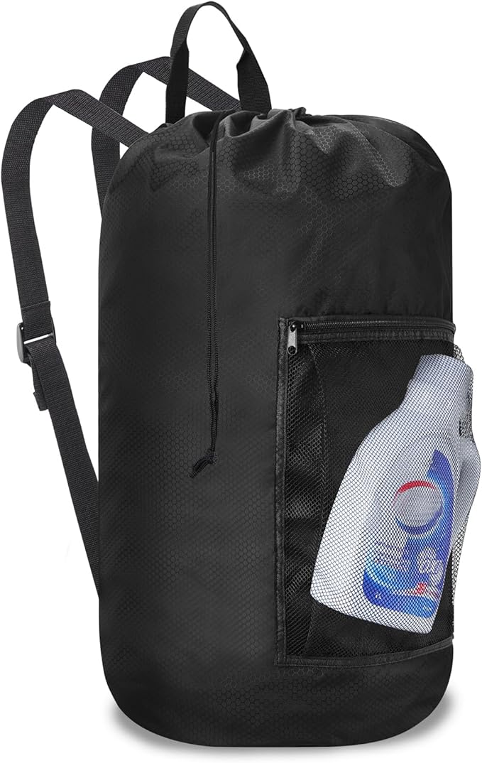 Laundry Bag Backpack Durable Laundry Bag with Shoulder Straps and Mesh Pockets Portable Laundry Dirty Clothes Hamper Bag for College Dorm (Black)