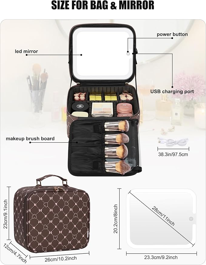 Relavel Travel Makeup Bag With LED Mirror, Portable Cosmetic Organizer Bag with Adjustable Brightness in 3 Color Scenarios, Small Train Case with Detachable Dividers for Trip- Brown Bowknot