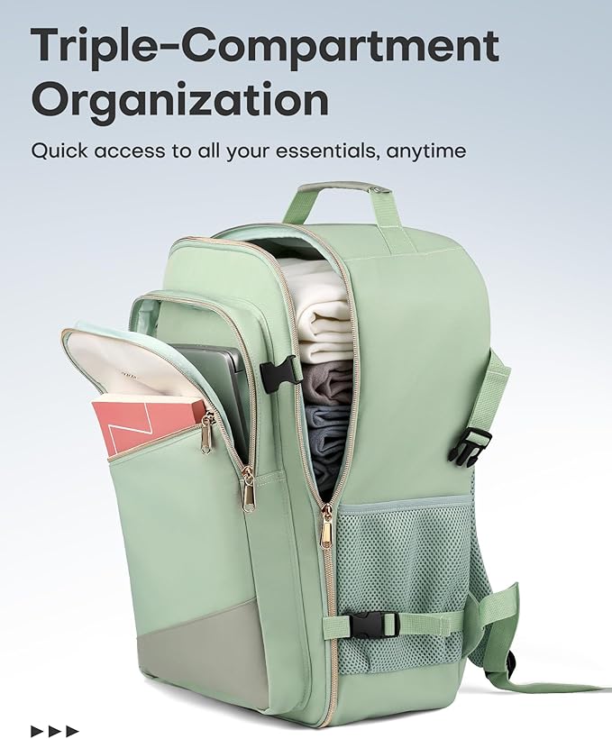 HOTOR Travel Backpack for Women – TSA-Friendly Travel Bag with Multiple Compartments & 3 Packing Cubes, Water-Resistant & Comfortable, Perfect for Travel Essentials, Green, 17.3" x 13.0" x 7.9"