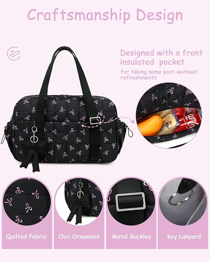 CAMTOP Gym Bag for Women, Lightweight Duffle Bag for Travel With Insulated Pocket and Wet Pocket, Small Carry On Bag for Dance Yoga Work (Black Bow, Medium-16")