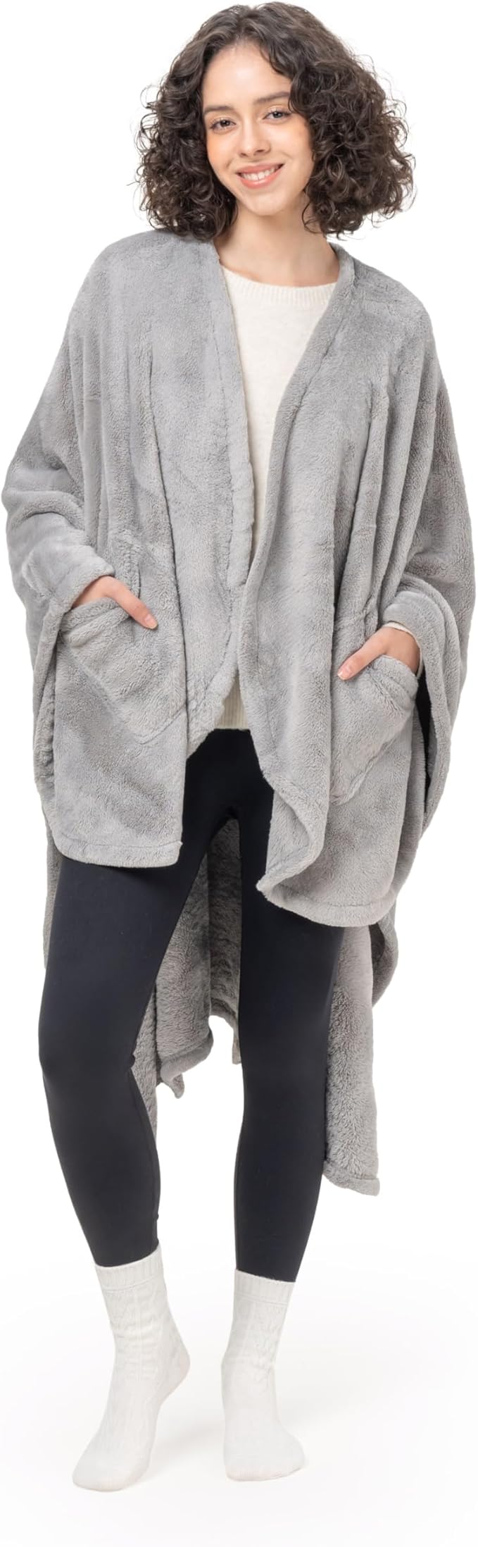 Berkshire Blanket Primalush™ Wearable Blanket, Cozy Loungewear Pocketed Plush Cape Wrap for Adults & Teens(Pebble Gray, One Size 58"X64")