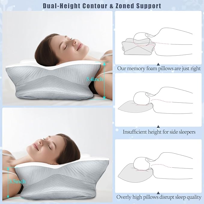 CCidea Cervical Neck Pillows for Sleeping & Pain Relief-Ergonomic Contour Memory Foam for Side/Back/Stomach Sleepers, 2 Heights with ICY Cooling Grey Silk Pillowcase - Gifts for Men & Women
