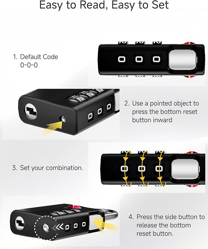 LUGGEX Luggage Locks, TSA Locks for Luggage, Luggage Locks TSA Approved, Combination Lock, One-Button Reset & Cut Resistant (Black,4 Pack)