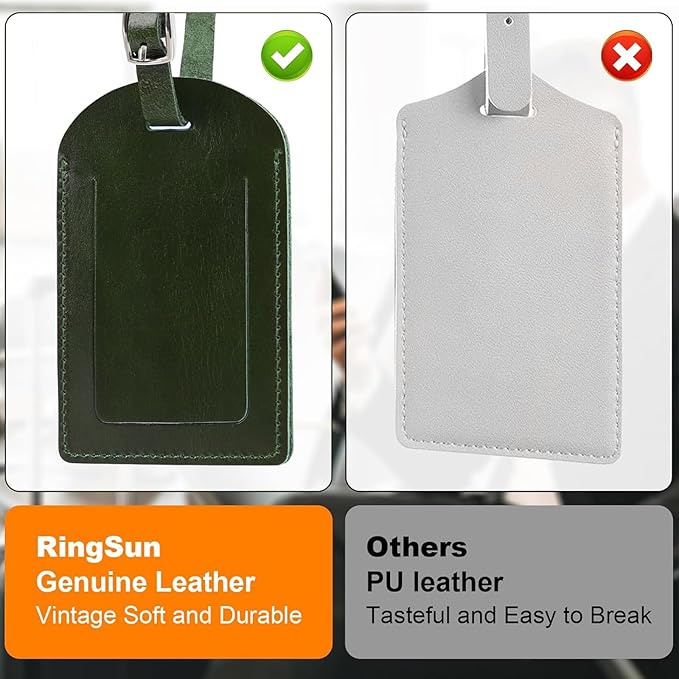 Ringsun Genuine Leather Luggage Tag for Suitcases ID Tags Bag Tags for Luggage (4 Pack, Green)