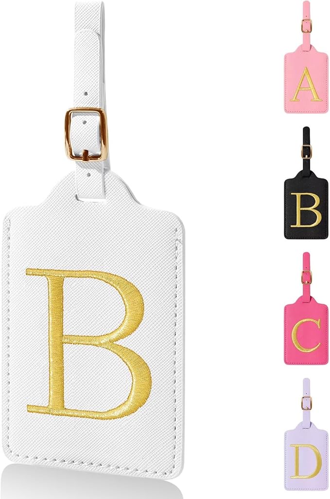 Personalized Initial Luggage Tags for Suitcases,Leather Letter Cute Luggage Tags with Privacy Name Card,Embroidered Monogrammed Travel Bag Backpack Tag Gifts for Women Kids Girls Teens(White-B)