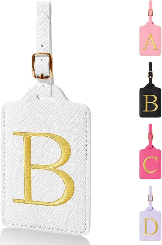 Personalized Initial Luggage Tags for Suitcases,Leather Letter Cute Luggage Tags with Privacy Name Card,Embroidered Monogrammed Travel Bag Backpack Tag Gifts for Women Kids Girls Teens(White-B)