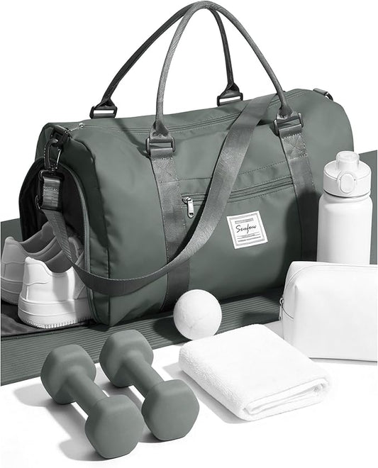 Gym Bag for Women Men with Shoes Compartment and Wet Pocket,Sport Swimming Yoga Bag,Waterproof Travel Duffel Bag Small Carry on Bag Overnight Weekender Bags Personal Item Bag for Airlines Olive Green