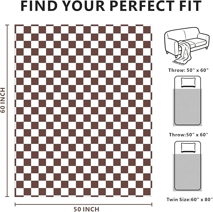 Brown Checkered Blanket, Ultra Soft Cozy Flannel - Checkered Grid Print Throws for Bed Sofa Couch, Luxury Throw Blanket for All Seasons, 50x60 Inch, Brown