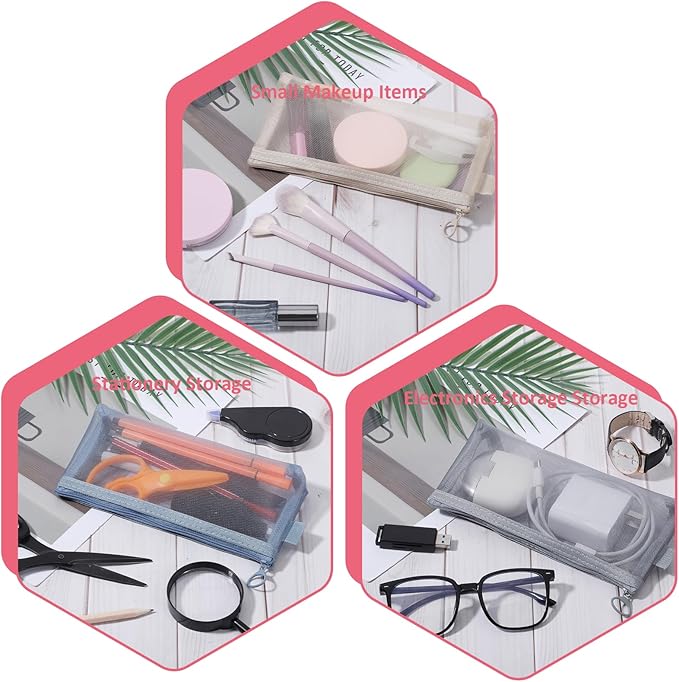 5 Pcs Mesh Cosmetic Bags 7.9" x 3.5" Nylon Mesh Pouch with Zipper, Multi-Color Zipper Makeup Bags Travel Organizer Pouch Case for Travel Office Home Makeup Brushes, Small Items