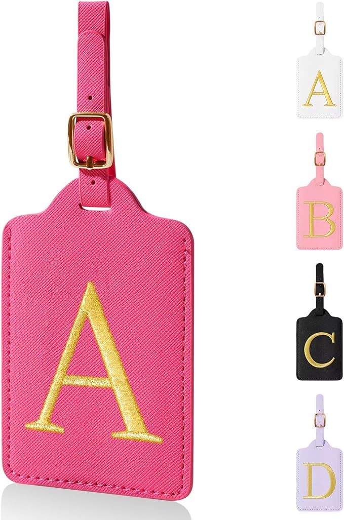 Personalized Initial Luggage Tags for Suitcases,Leather Letter Cute Luggage Tags with Privacy Name Card,Embroidered Monogrammed Travel Bag Backpack Tag Gifts for Women Kids Girls Teens(Rosered-A)