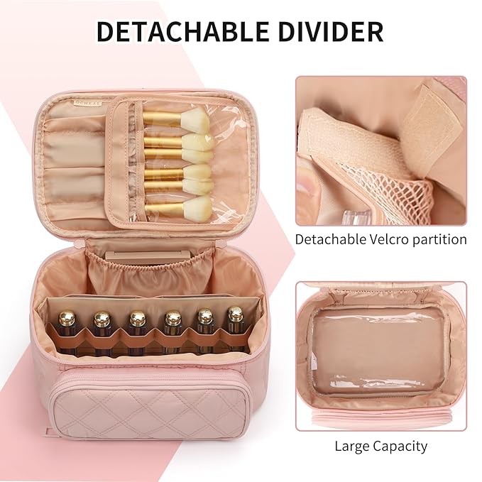 OCHEAL Makeup Bag, Multifunctional Make Up Bags Large Compact Makeup Bag Organizer Cosmetics Toiletry Brushes Storage Makeup Case with Handle for Women Girls Makeup Case with Handle-Pink