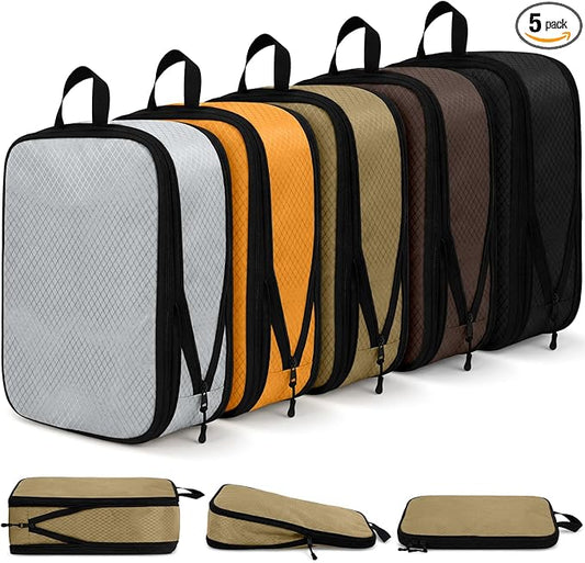 5 Pack Compression Packing Cubes for Travel Space Saving Cubes Luggage Organizer for Suitcase(Apricot,M)