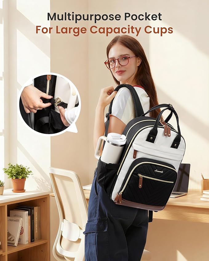 LOVEVOOK Laptop Backpack for Women with Giant Tumbler Holder Pocket,18.4 inch School College Book Bag Nurse Teacher Backpack,Waterproof Work Travel Backpack Purse Laptop Computer Bag,Beige-Black-Brown