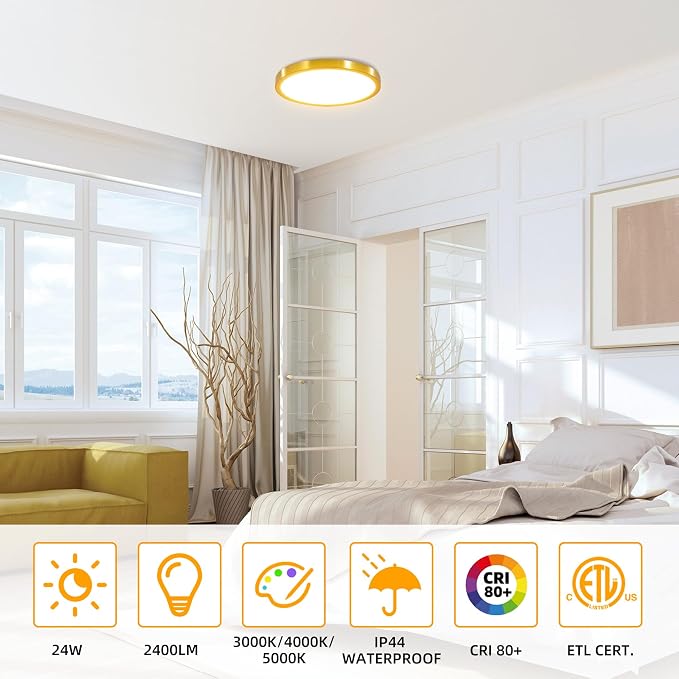 Hlite 12 Inch Flush Mount LED Ceiling Light,2400LM,3CCT,4 Pack | 24W 3000K/4000K/5000K Selectable,Low Profile Ceiling Light Fixtures for Kitchen Bedroom Hallway Laundry Room Closet, Gold