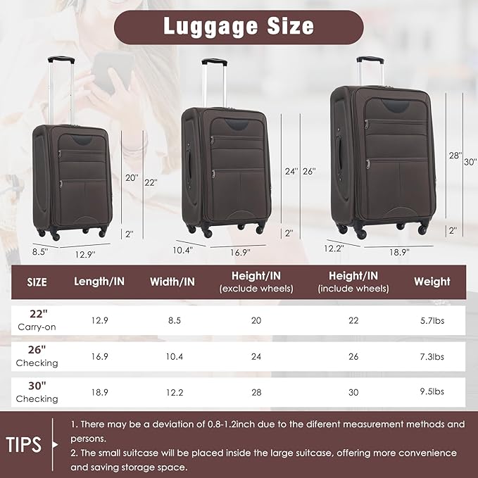 Softside Luggage Sets 3 Piece - 20" Carry-On, 24” & 28” Checked Luggage Set, Expandable Luggage Lightweight Suitcase with Spinner Wheels & TSA Lock for Family Extended Travel (Brown)