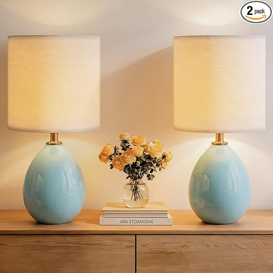 18.5" Table Lamp Set of 2 for Living Room Bedroom, Bedside Lamps for Night Stands, Desk Nightstand Lamp Dimmable, Modern Linen Cream Ceramic Lamps (Blue)