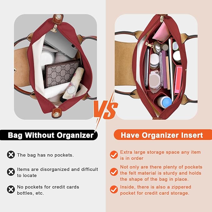 LOUKAYCCI Purse Organizer Insert for Longchamp Le Pliage L Handbag Insert Felt Long Champ Tote Bag Organizer Insert with Cup (BurGundy, Large)