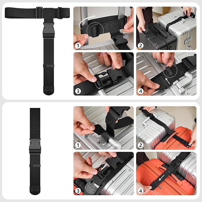 BILIONE Luggage Connector Straps, Suitcase Straps to Connect 3 Suitcases or Add A Bag, Luggage Straps for Suitcases Adjustable Buckle Belt, 2Pack Black