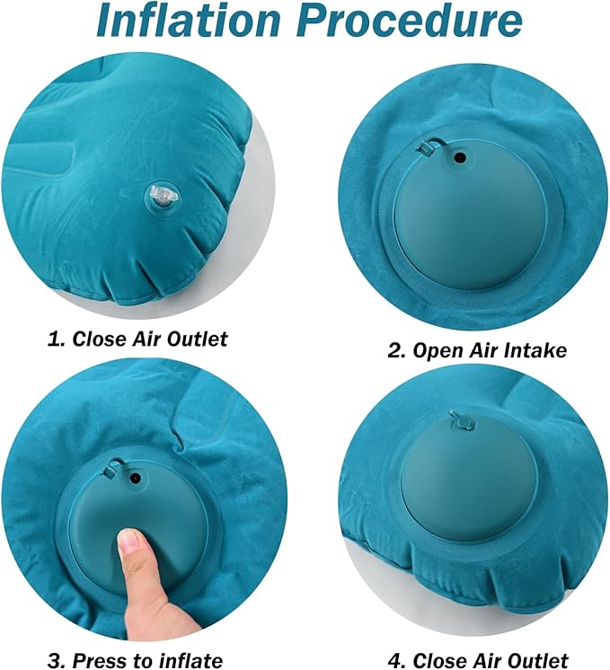 3 Pack Inflatable Camping Pillow - Ultralight Travel Air Pillows for Neck Lumbar Support, Press-to-Inflate Design, Blow Up Pillow for Camping, Hiking, Backpacking (Grey, Malachite Green, Light Blue)