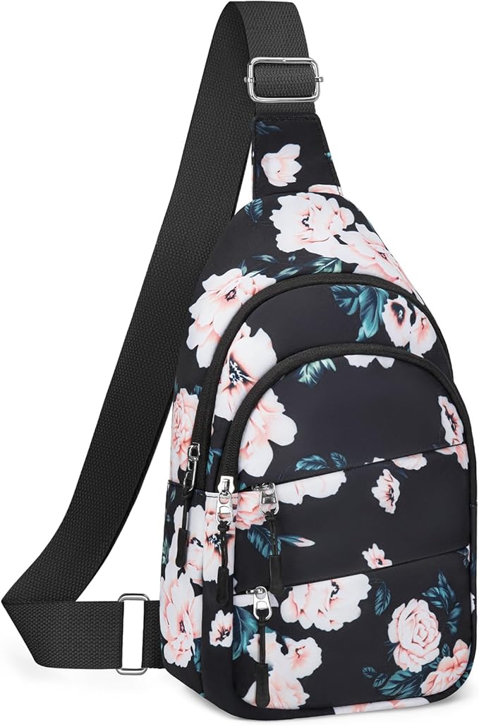 Tuwubi Crossbody Bags for Women, Sling Bag for Men, Small Hiking Backpack Anti Theft Lightweight for Outdoors Travel （M, Black Floral）