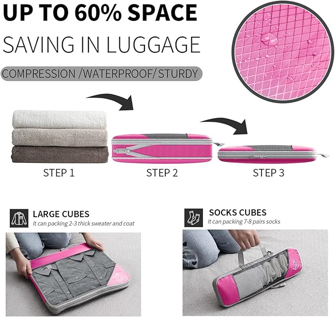 9-Set Packing Cubes with Hanging Bag | 9-Size Combination, Mesh Fabric & Reflective Stripe | Travel Luggage Organizers (Pink)