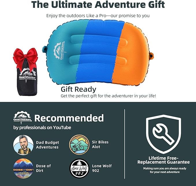 Gear Doctors 3.5oz Compact Ultralight Inflatable Camping Pillow—Inflatable Camp Pillow—Backpacking Pillows Ultralight—Camping Pillows for Sleeping, Hiking, Travel, Beach, Office, Neck, Lumper [Orange]