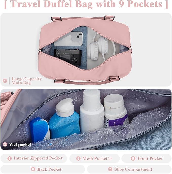 Travel Duffel Bag with Shoes Compartment, Carry on Overnight Weekender Bags for Women, For Spirit Airlines 18x14x8 Personal Item Bag