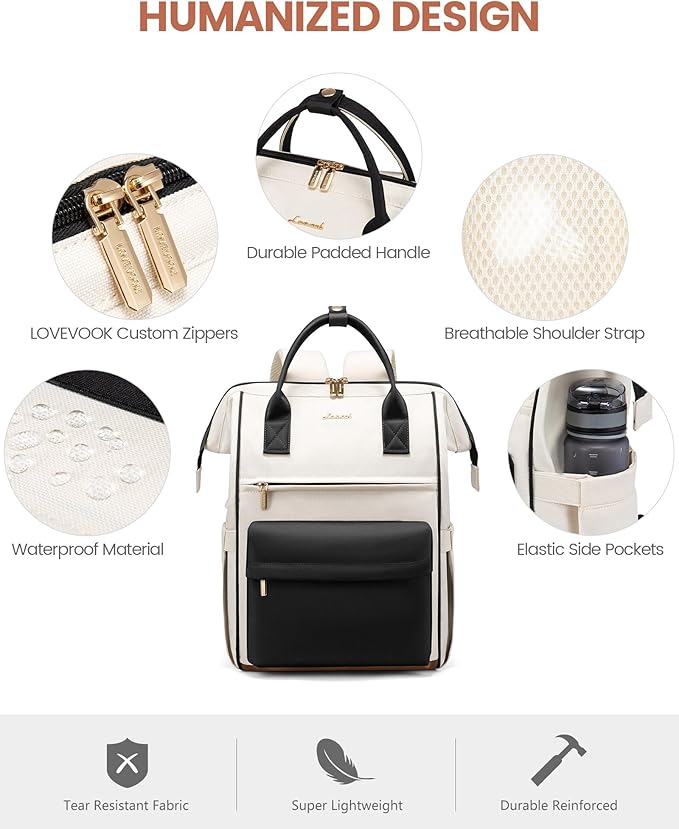 LOVEVOOK Laptop Backpack for Women 17.3 Inch, Travel Backpack with USB Charging Port Large Capacity Laptop Bag, Waterproof Bag for Business College Airline Approved Work Backpack(White Black)