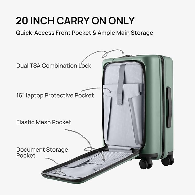 NINETYGO Carry On Luggage 22x14x9 Airline Approved, 20 Inch Suitcase with Front Compartment, Lightweight PC Hard Shell, Cup Holder, Clamshell, TSA Lock, Spinner Wheels (Creamy Matcha Tea)
