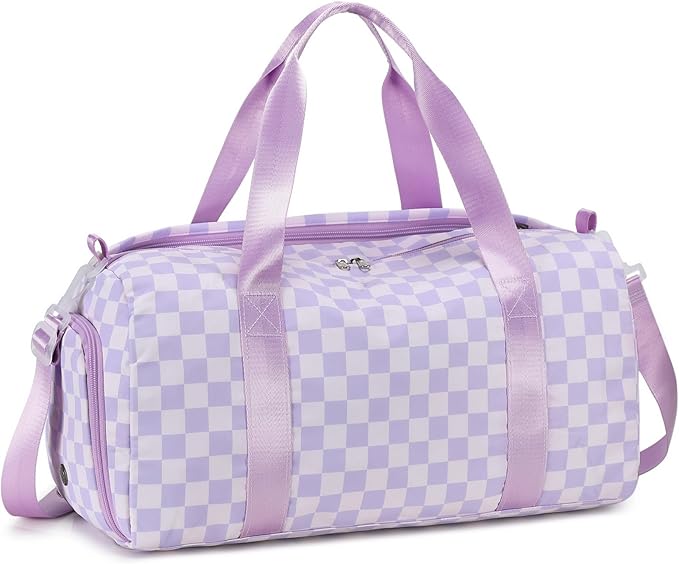 LEDAOU Duffle Bag Girls Kids Cute Dance Bag with Shoes Compartment Gym Bag with Wet Pocket Sports Overnight Travel Bag (Purple Checkered)
