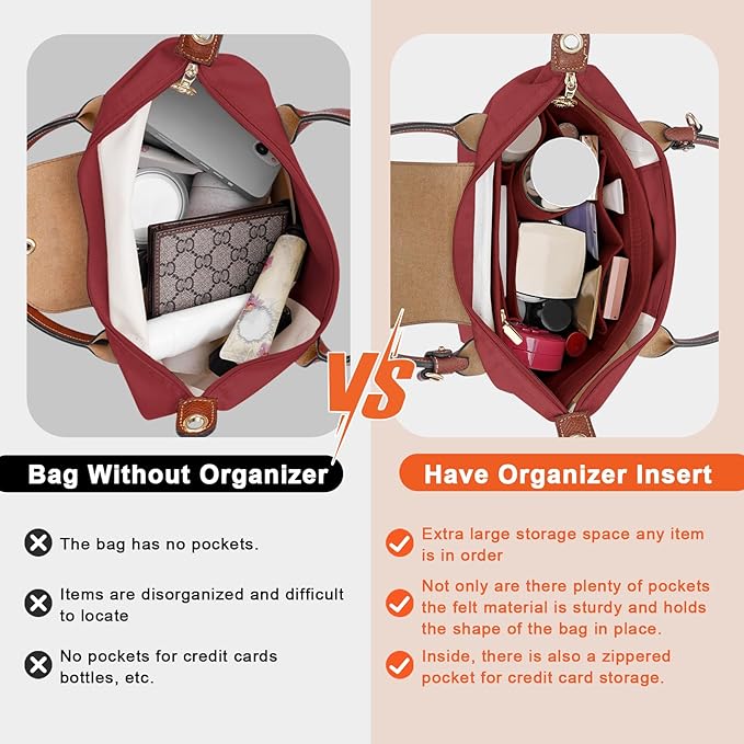 LOUKAYCCI Felt Purse Organizer Insert for Longchamp Le Pliage M Handbag Insert (Vine Red, Medium)