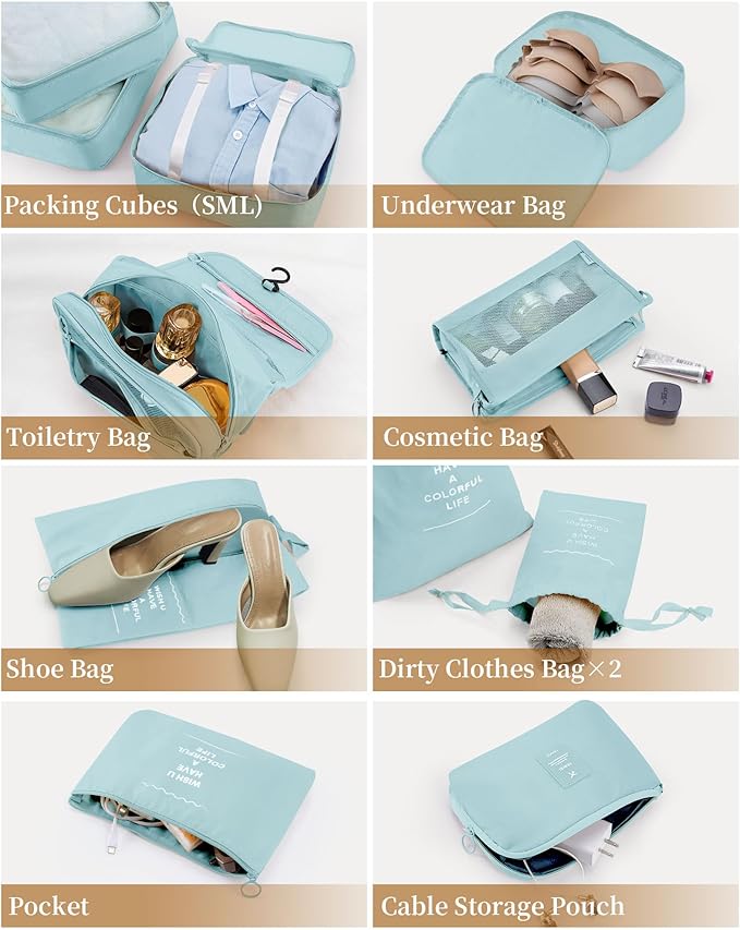 Packing Cubes 11 PCS, Mesh Breathable Luggage Organizers Bags, Packing Organizers, Durable Travel Essentials Bags Set, Travel Packing Organizers, Lake blue