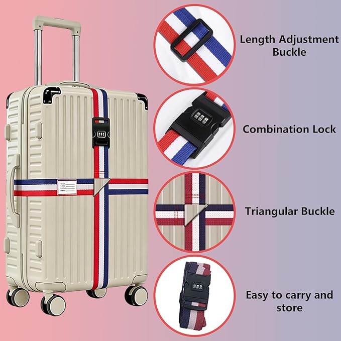 Luggage Straps for Suitcases,Travel Luggage Straps with Lock and Luggage Tags,Suitcase Strap,Adjustable Colorful Travel Belt for Travel Suitcase Bag Closure Accessories.(Red White Blue)