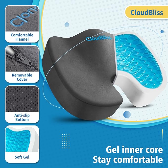 CloudBliss Gel Seat Cushion - Cooling Gel Enhanced, Memory Foam, Ergonomic Seat Cushion for Long Sitting for Office, Game, Car, Airplane (Large, Grey)