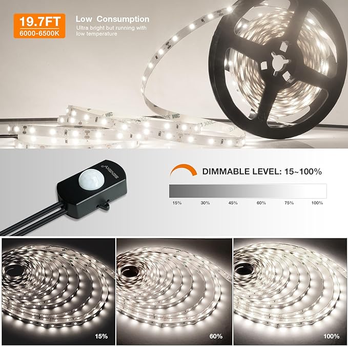 Sensky 8.2ft Motion Activated LED Strip Light Kit with FCC Listed Adapter for Gun Safe, Under Cabinet, Under Bed, Pantry, Kitchen, Stairway, Closet Lighting (Cool White,Upgraded Version)