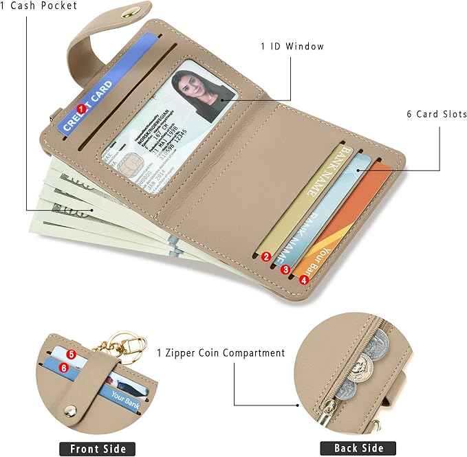 Airkit Small Wallets Woman RFID Blocking Leather Credit Card Holder - with ID Window - Card Wallets for Women - with Zipper Coin Purse - Keychain Wallet