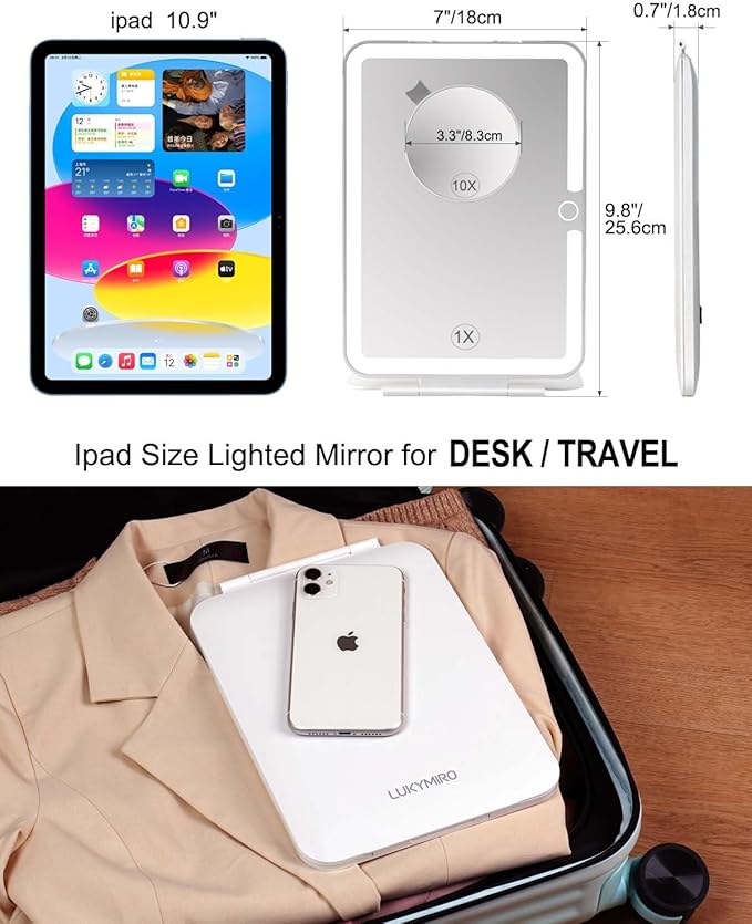 7x9.5 Inches Lighted Travel Mirror with 10X Magnifying Round Mirror, Rechargeable Battery, USB-C Charging, 78 LEDs, Tabletop Mount
