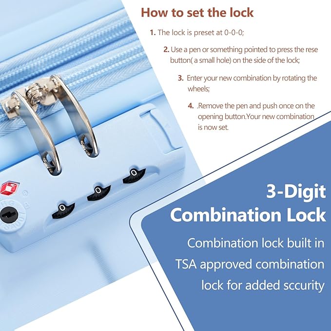28 Inch Checked-Large Luggage, Lightweight ABS Hard Shell Suitcase with Spinner Wheels, Expandable Travel Luggage with Combination Lock & Side Hooks for Men Women (Sky Blue, 28)