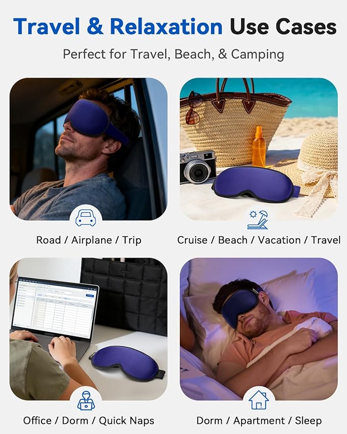 Weighted Blackout Sleep Mask, 3D Contoured Zero Eye Pressure, Lash-Friendly Deep Eye Cups, Adjustable Slide Buckle Strap, Spring Break & Beach Vacation Essential, Summer Travel Sleep Mask (Navy Blue)