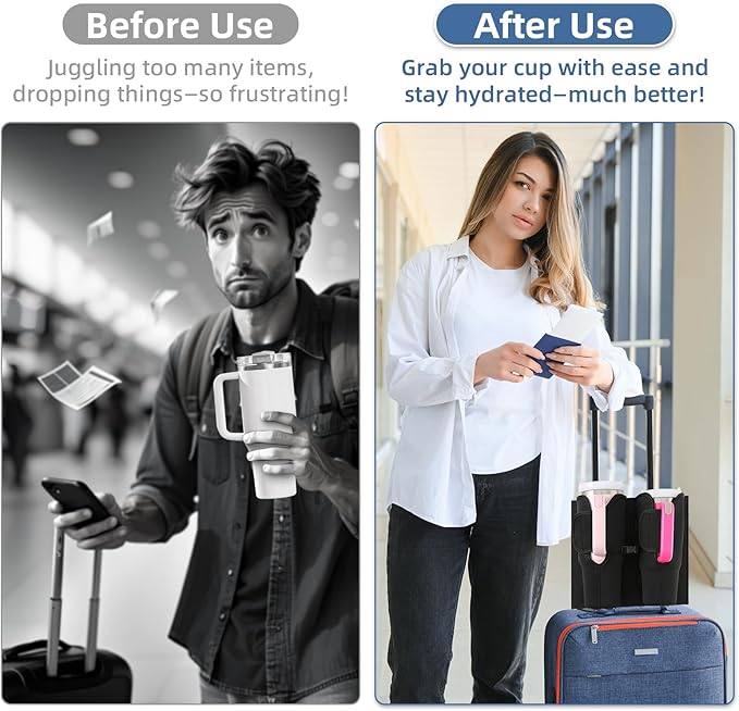 Luggage Cup Holder for Suitcases, Compatible with 30-40 Oz Stanley Tumblers, Foldable Luggage Cup Holder with Phone & Ticket Pocket, Waterproof Hands-Free Travel Accessory (Black)