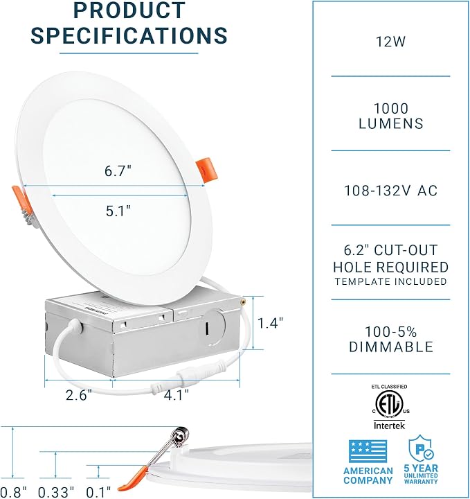 PARMIDA (12 Pack) 6 Inch Ultra-Thin LED Recessed Ceiling Light with Junction Box, 12W, Dimmable Canless Wafer Slim Panel Downlight, IC Rated, ETL-Listed - 3000K