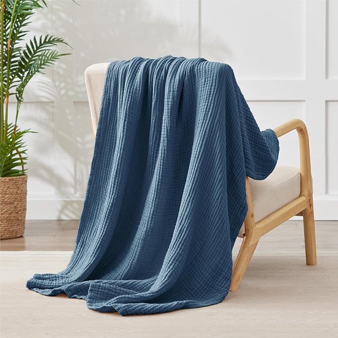 100% Cotton Muslin Blanket 50" x 60", Breathable and Lightweight Cotton Throw Blankets for Couch, Soft Cooling Summer Gauze Blanket for Adults All Season, Grayish Blue