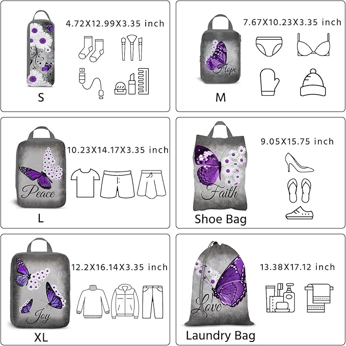 6 Pcs Compression Packing Cubes Waterproof Suitcase Travel Bag Luggage Backpack Organizer Travel Cubes for Packing-Purple Butterfly